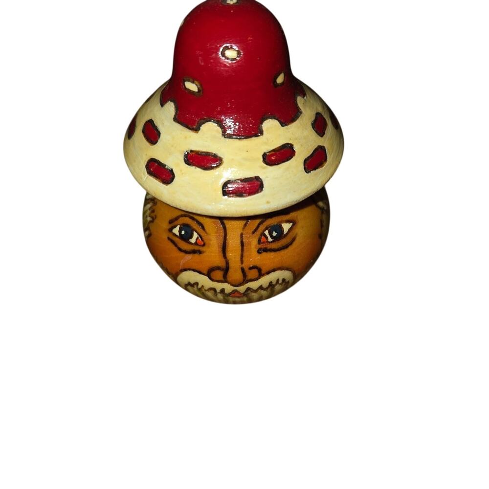 Vintage Russian Wooden Lacquer Podbrezova Mushroom Forest Santa Ornament